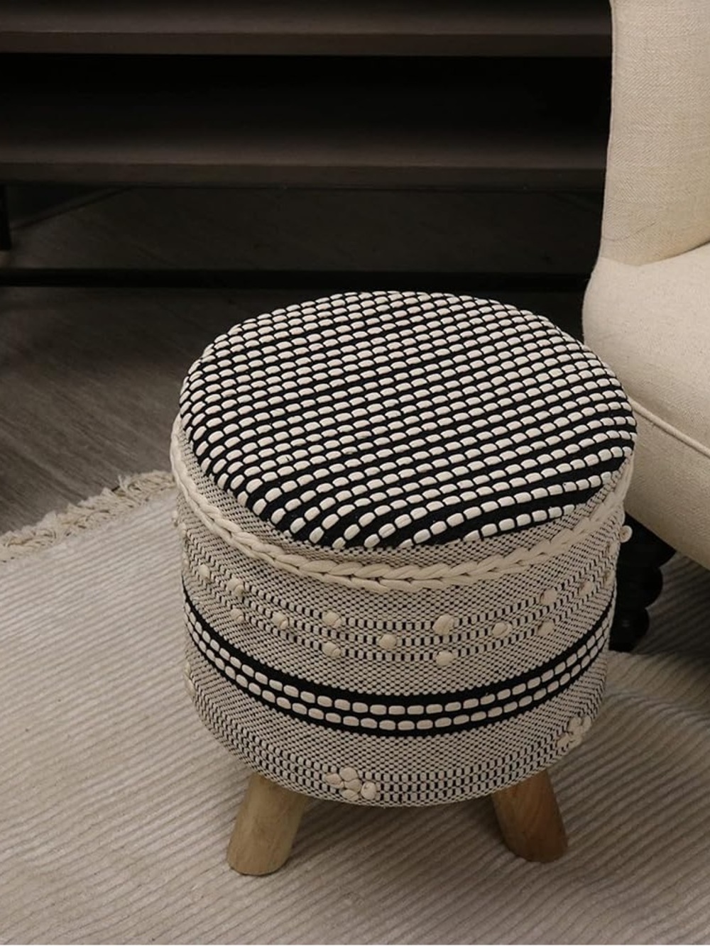 Handcrafted woven boho black and cream Pom Pom wood legs stool seat table NWT - Picture 7 of 14